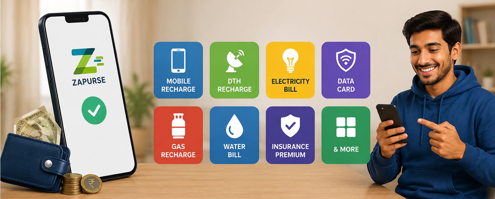 Person recharging mobile phone using Zapurse app